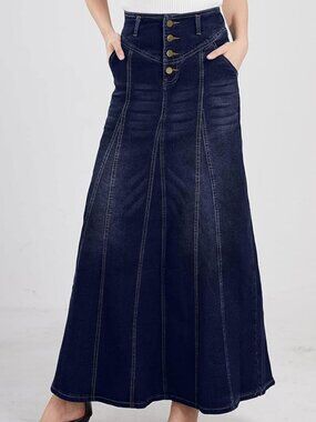 Retro Exposure Button-Fly Packaged Hip A-Line Maxi Long Denim Skirt Dark Blue
